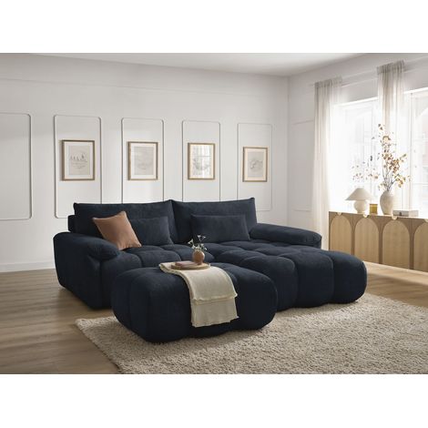 BOBOCHIC - Canapé d'angle fixe IVANE tissu texturé avec pouf Angle droit Bleu foncé (1/5)