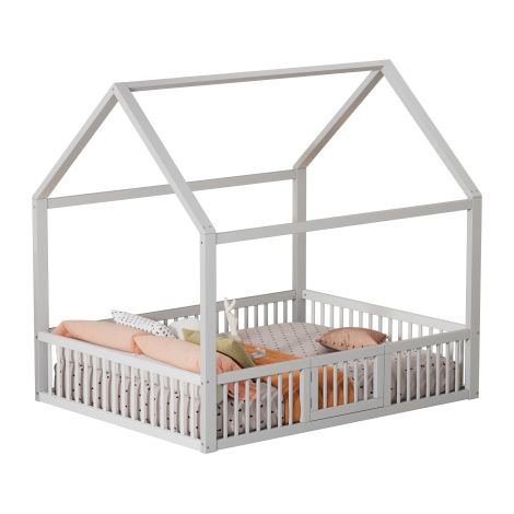 Lit maison 140x200 en bois massif blanc avec petite porte sans matelas