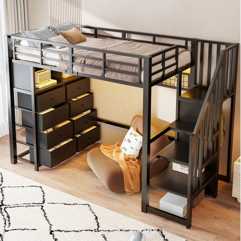 Cama alta infantil 90x200 cm con 8 cajones, escalera con almacenaje y LED, negra OKMYHOME (1/5)