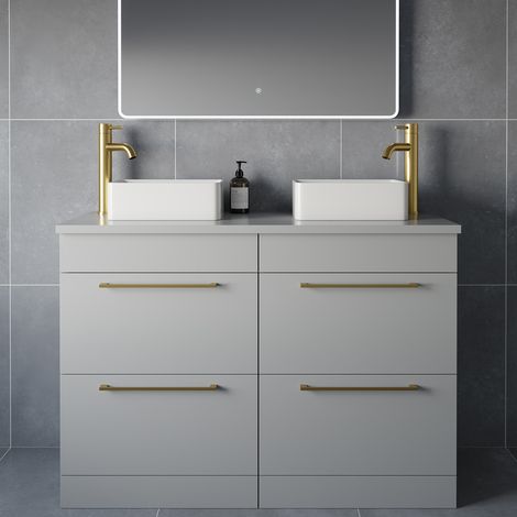 Napoli 460 Gloss Grey Pearl 1200mm 4 Drawer Vanity Unit for Countertop Basins - 1200mm - Brushed Brass 320mm Handle
