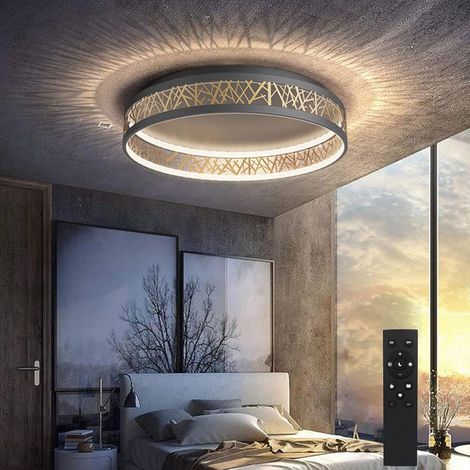 Plafonnier LED avec télécommande, lampe de chambre à coucher à intensité variable, plafonnier rond noir doré ajouré pour salon Ø50 × H12 cm (1/5)
