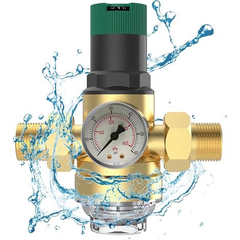 Réducteur de pression d'eau de 1 pouce, régulateur de pression d'eau DN25 avec jauge de pression et filtre à tamis, réducteur de pression d'eau en laiton pour les maisons, bâtiments, usines (jaune) (1/5)