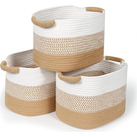 Lot de 3 Grand Panier de Rangement Coton, Panier Rangement Corbeille en Coton Tissé, Paniers à Linge, Rangement Organisateur à Multiples pour Salon, Salle de Bain, Chambre, Enfant, Kaki-Blanc (1/5)