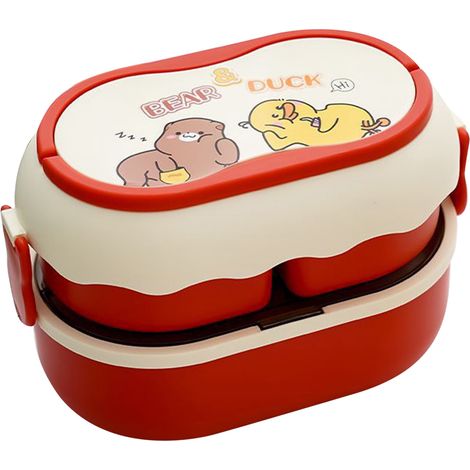 Boîte à bento double couche multifonctionnelle à 3 compartiments, jolie boîte à lunch portable avec couverts, idéale pour le travail, l'école ou le bureau, 1600 ml, rouge litchi (1/5)