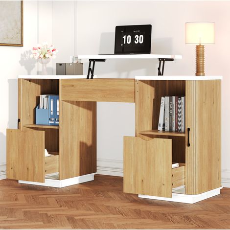 MODFU – Bureau réglable 140x50 cm MDF – Hauteur 78/92 cm et rangement caché – 2 tiroirs et 2 niches – Bureau – Blanc/chêne (1/5)