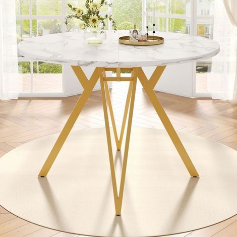 Table à Manger 100 x 100 x 76 cm plateau effet marbre pieds en métal doré rond 4 personnes (1/5)