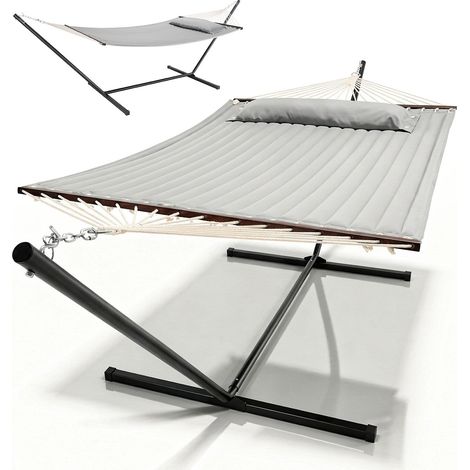 Juskys – Hamac double d'extérieur avec support et coussin – Pour 2 personnes – Charge maximale 200 kg – Tissu déperlant – Longueur réglable (1/5)
