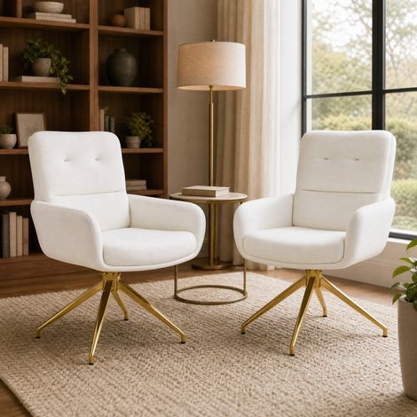 Lot de 2 chaises pivotantes en cuir régénéré blanc, pieds en métal doré, dossier capitonné et assise rembourrée, rotation silencieuse 360°, H 85 cm FLORAGRACE (1/5)