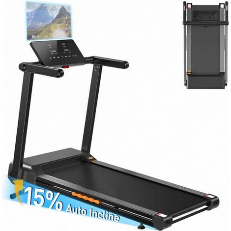 Klappbares Laufband, Motor 4,0 PS, automatische Neigung 15%, Geschwindigkeit 1-15 km/h, Belastung 150 kg, mit Herzfrequenz, Schwarz (1/5)