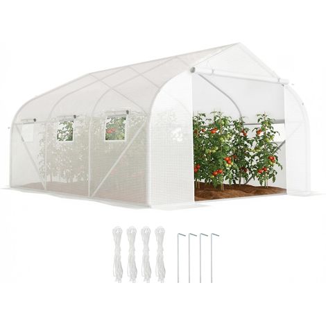 Serre tunnel avec 6 fenêtres et porte enroulable, serre de jardin tunnel en polyéthylène avec tubes métalliques, pour plantes et fruits, 4,5 x 3 x 2 m, blanche (1/5)