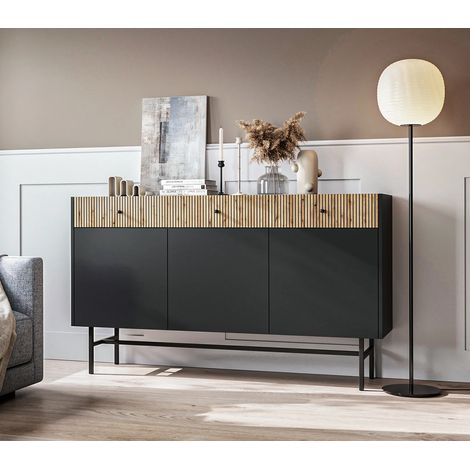 AX LIVING Kommode modern Dinley 155 cm Schwarz mit Eiche-Riffel-Fronten