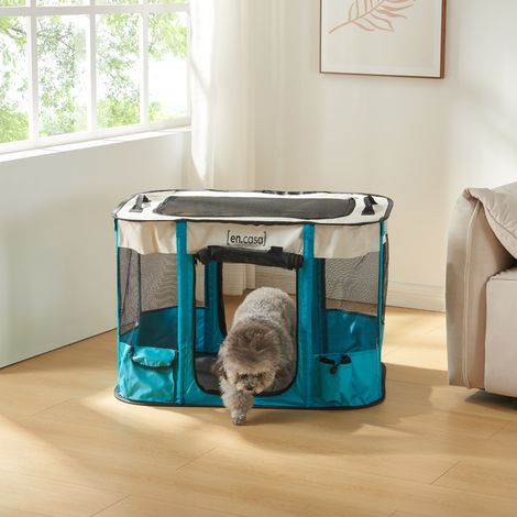 Kennel Pieghevole Mörbylånga Rifugio Portatile per Cani e Gatti 80 x 60 x 55 cm Blu / Beige [en.casa] (1/4)