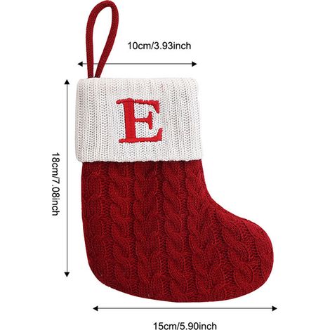 Chaussette décorative de Noël en tricot polyester, lettre E brodée, sachet cadeau à suspendre, décoration sapin - Rouge (1/5)