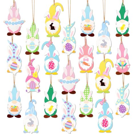 Ornement En Bois - Décoration De Pâques - Lapin Gnome Carotte Poussin Oeuf - 24 Pièces - 8 cm - Pour Arbre De Pâques Porte Mur Cheminée Jardin - Lot Complet (1/4)
