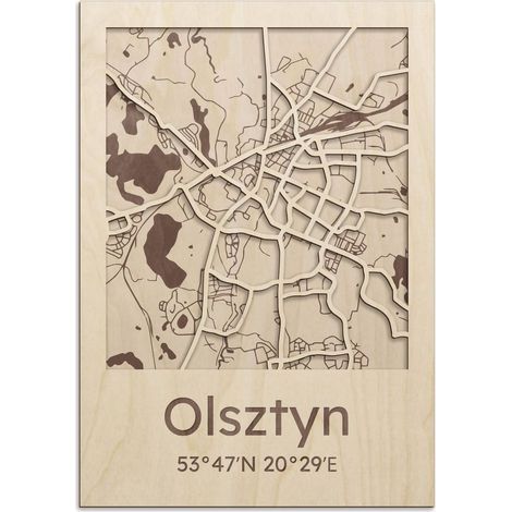 Mapa de ciudades polacas Olsztyn Cuadro de madera (1/2)