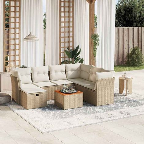 Ensemble de jardin 8 places en résine tressée beige avec coussins - Salon d'extérieur modulaire avec table en acacia (1/4)