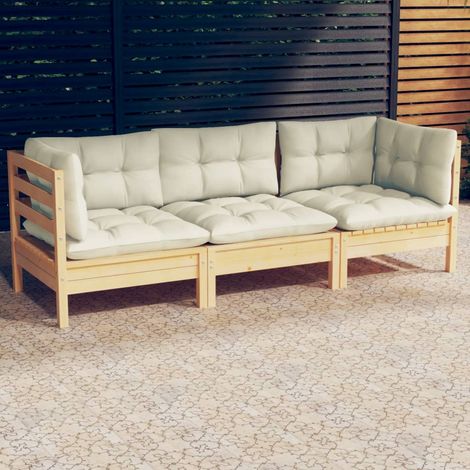 Canapé 3 places de jardin et coussins-Salon de jardin Sofa extérieur crème Bois de pin solide 830612 (1/5)