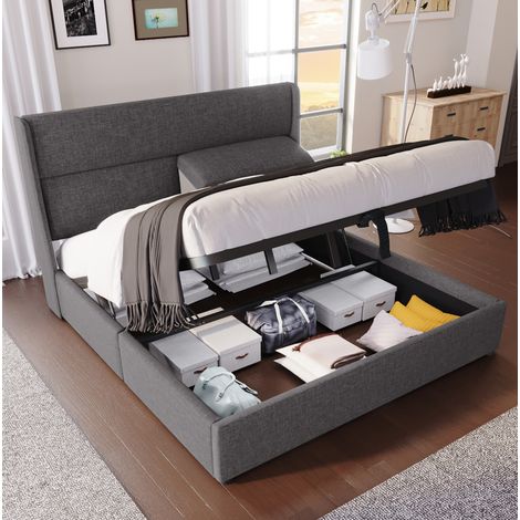 Lit double moderne 140x200 cm avec tête de lit réglable, coffre hydraulique, revêtement en lin gris et sommier à lattes métal (1/5)