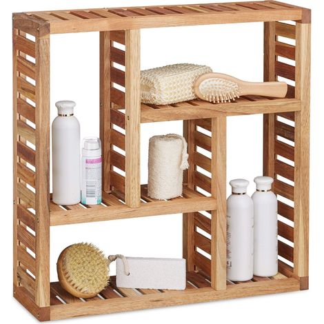 Etagère Murale Salle de Bain Bois de Noyer bibliothèque 5 Compartiments Salon Couloir entrée HxlxP: 50 x 50 x 15 cm, Nature (1/5)