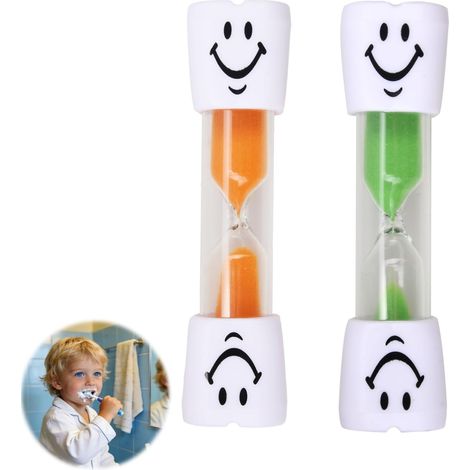 Sablier Enfant - Lot de 2 - Plastique Transparent - Minuteur 3 Minutes - Hygiène Dentaire et Jeux - Vert et Orange (1/5)