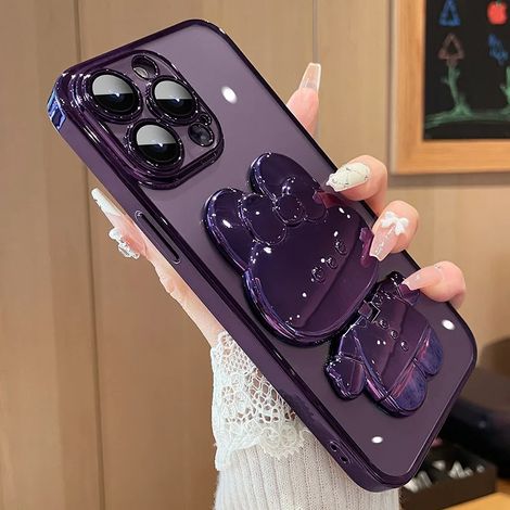 Coque de téléphone (pour iPhone 15, violet) effet miroir lapin dégradé électroplaqué, avec support, en TPU souple. (1/4)
