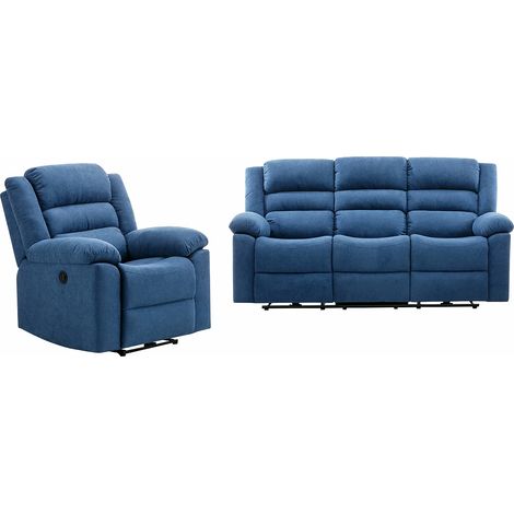 Divano 3 posti e Poltrona relax elettrica in Tessuto Blu - BUROLO (1/5)