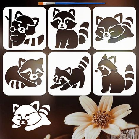 6Pcs Pochoirs Mignon Raton Laveur Avec 1 Pinceau 15x15cm Pochoir Mignon Raton Laveur Templates Animaux à Motifs Ratons Laveurs pour Peinture sur Bois Mur Meuble DIY Décoration Maison (1/5)
