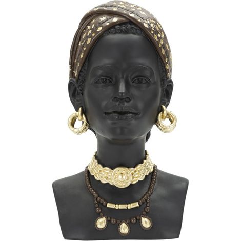 Scultura Donna Masai busto etnico in resina nera con gioielli oro