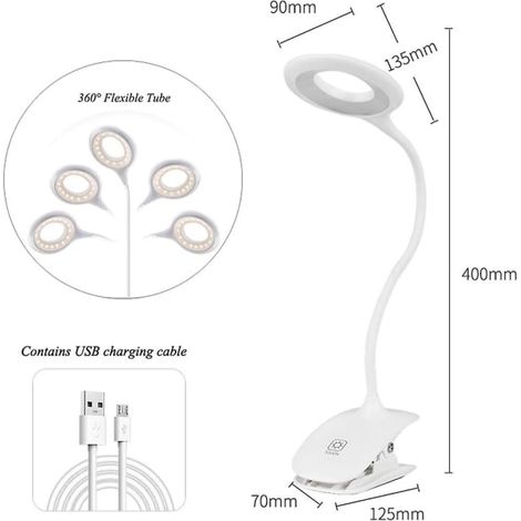 Lampe de chevet à pince LED blanc, avec capteur tactile, idéale pour lire au lit, fixation par pince réglable, design moderne et compact. (1/4)