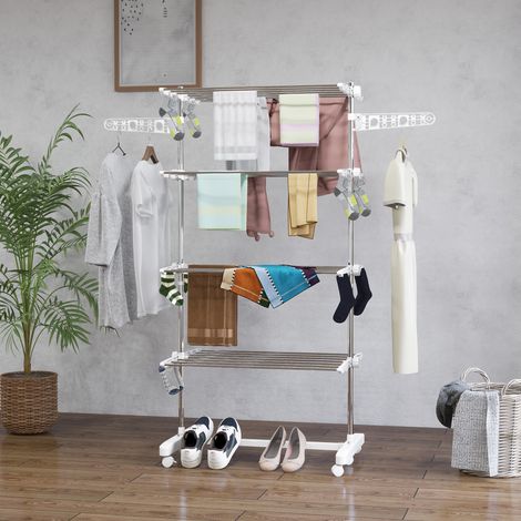 Tendedero plegable de acero inoxidable y plástico, tendedero vertical extensible que ahorra espacio, con 6 ruedas, ganchos y 4 estantes ajustables para uso en interiores, 142 x 55 x 172 cm, blanco y p