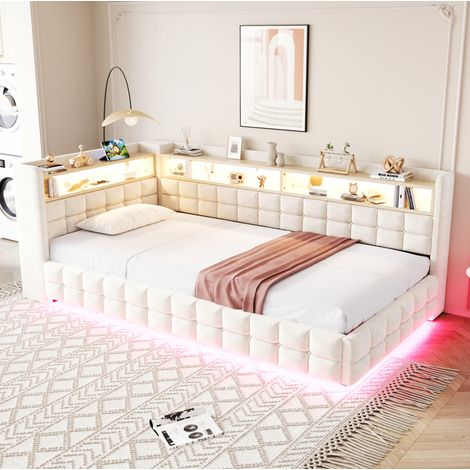 Lit simple adulte 90x200 cm en velours beige, avec rangement pour chambre, sans matelas FloraGrace (1/5)