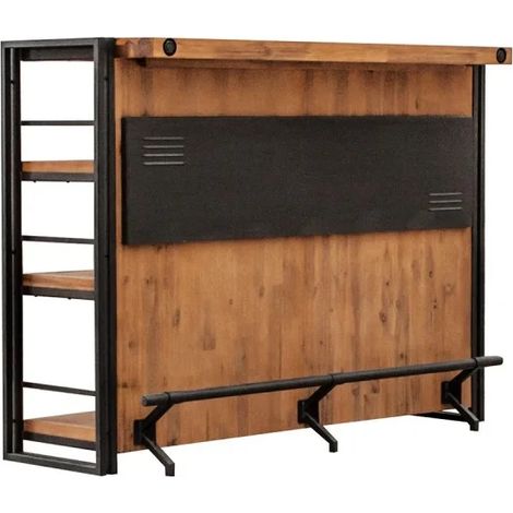 Bar industriel comptoir 140 cm en acacia massif et métal – Hauteur 105 cm – Design vintage inspiré atelier – Étagères 36 cm de profondeur – Meubletmoi (1/5)