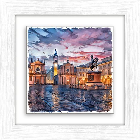 Lupia - Quadro moderno con paesaggi e localismi italiani, Ceramica e Stampa Rilievo, Cornice Legno Shabby Modern bianca Decorazione Parete Quadretti Soggiorno 29x29 cm TORINO PIAZZA SAN CARLO TWILIGHT (1/4)