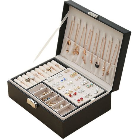 Coffret à Bijoux Grande Capacité Double Étagère Noir Rangement avec Serrure pour Femmes Maison Voyage (1/5)