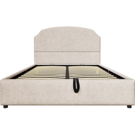 Lit rembourré 140200 avec fonction de rangement hydraulique et espace de rangement, lit double, tissu peluche rayé doux, avec une large tête de lit (1/5)