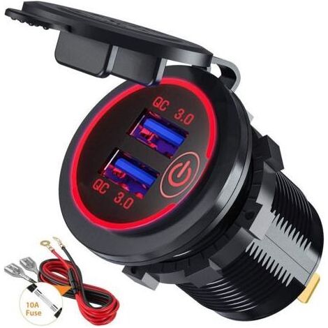 Quick Charge 3.0 Prise de Chargeur Rapide de Voiture USB Adaptateur avec Interrupteur 12V / 24V 36W Dual QC3.0 USB pour Marine, Bateau, Moto, Camion (Rouge) (1/5)