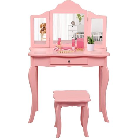 COSTWAY Tocador con Taburete y Espejo para Niña de MDF y Madera Mesa de Maquillaje con Cajón 70x34x103 centímetros (Rosa Oscuro) (1/5)