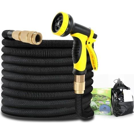 Tuyaux d'Arrosage, Tuyau d'eau + Tuyau en Latex, Pistolet à Eau NoirJaune, Connecteur en Cuivre Pur, 10 Fonctions/3 Fois Télescopique, Maison/Jardin/Voiture/Vélo, 50ft (1/5)