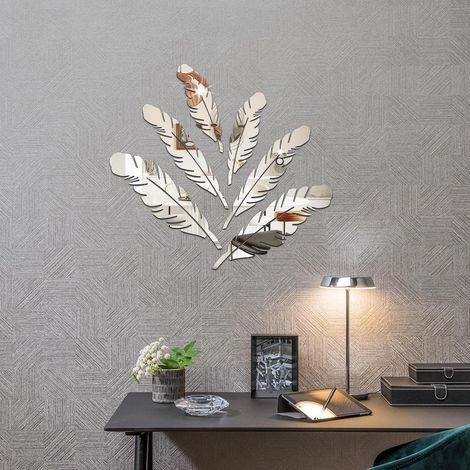 Lntyq 6pcs Plumes Miroir Stickers Muraux Miroirs Décoratif Acrylique Adhésif Autocollant Mural Amovible DIY Décoration pour Maison Chambre Salon Décor- Argent (1/5)