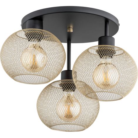 Plafonnier loft métal noir/or rond grilles 3xE27 Kerso (1/3)