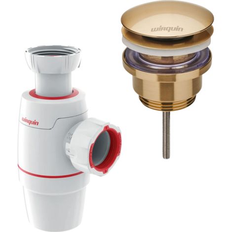 Bonde lavabo universelle vis centrale WIRQUIN Quick clac Doré brossé + Siphon lavabo D32 WIRQUIN Neo