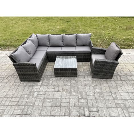 Fimous 7 Seater Outdoor Garden Furniture Set Wicker PE Rattan Corner Sofa Set with Square Coffee Table Armchairs Dark Grey Mixed