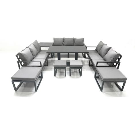 Fimous 13 Seater Garden Sofa Set Aluminium Furniture Rising Dining Tabe Set with Side Table 4 Footstools Dark Grey (1/5)