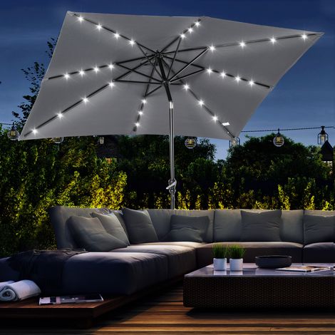 Ombrellone da giardino Outsunny, ombrellone dritto, 3 x 2 m, rettangolare, inclinabile, con LED solare, acciaio, poliestere ad alta densità, grigio