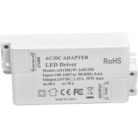 Transformateur LED professionnel à tension constante 30 W CC 24 V 1,25 A pour éclairage LED, compatible avec les tensions CA 100-240 V. (1/5)