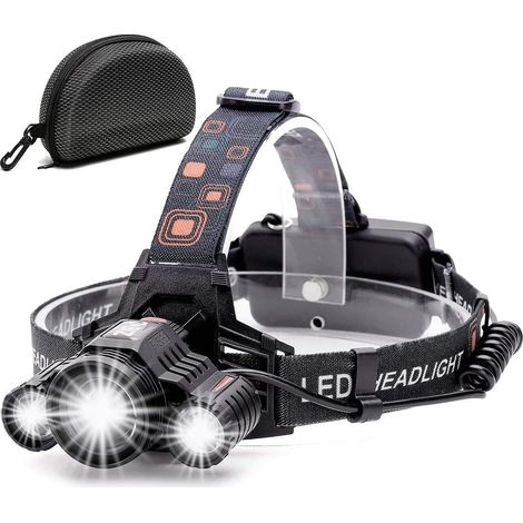 Lampe frontale LED rechargeable, lampe torche puissante de 10 000 lumens, 4 modes d'éclairage, 3 LED Cree XML-T6, zoomable, étanche, avec câble USB et 2 batteries incluses. (1/5)
