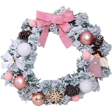 Couronne de Noël pré-illuminée de 40 cm avec flocons de neige, boules, nœud et pommes de pin, couronne de Noël lumineuse avec flocons de neige pour porte d'entrée (rose) (1/5)