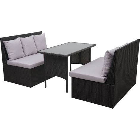 Poly-Rattan Garnitur HHG-862, Garten-/Lounge-Set Sitzgruppe, Gastronomie 2x2er Sofa Tisch schwarz, Kissen hellgrau