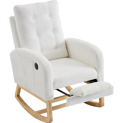 Silla mecedora con puerto USB y USB-C, bouclé blanco, reposapiés ajustable (1/5)
