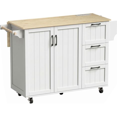 Îlot central de cuisine avec plateau rabattable - Blanc - 2 prises, 2 ports USB, 3 tiroirs et desserte sur roulettes - Pour cuisine, salle à manger - Design mobile (1/5)